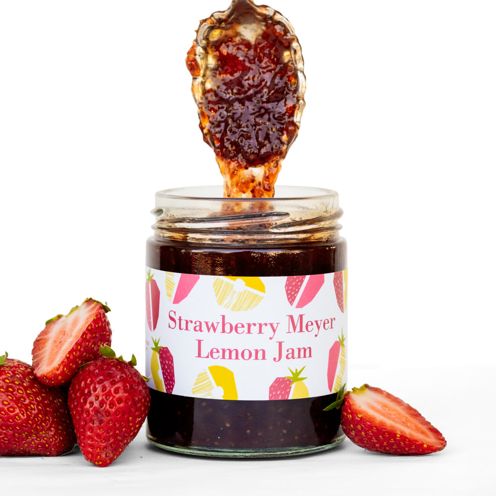 Strawberry Meyer Lemon Jam Jar with fresh strawberries and dipped spoon on white background