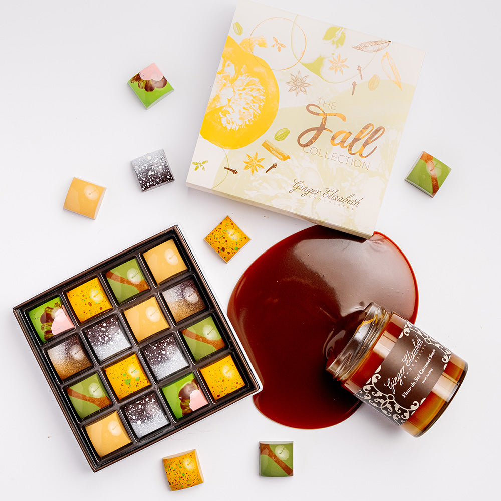 Fall Collection bonbons in open box with loose chocolates and open jar of leur de Sel caramel sauce 