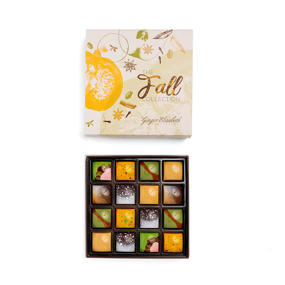 16 piece Fall Collection chocolate box with assorted chocolates in box with decorative lid above.  