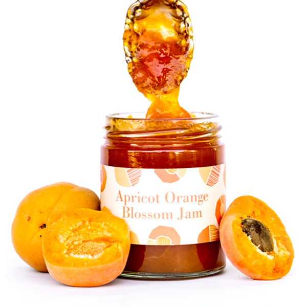 Apricot Orange Blossom Jam Jar with fresh apricots and dipped spoon on white background